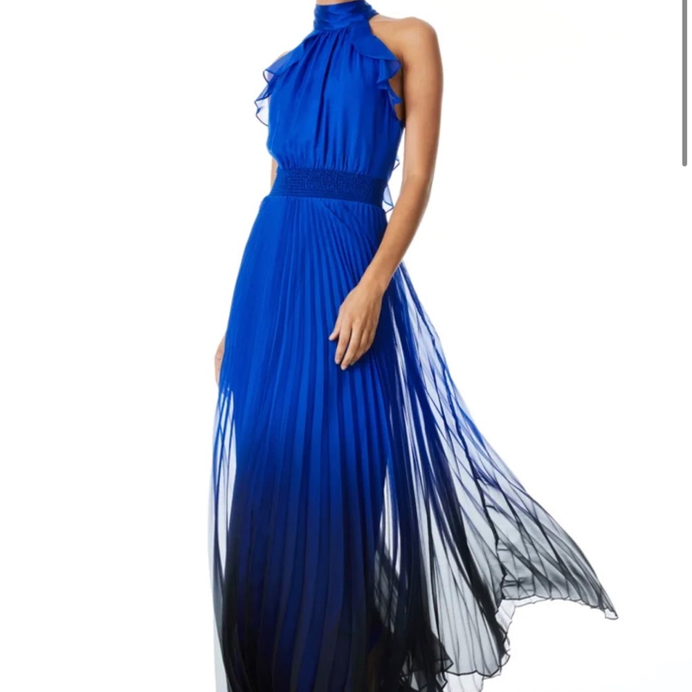 Alice and Olivia DITA BOW NECK OPEN BACK PLEATED MAXI DRESS Blue Ombré